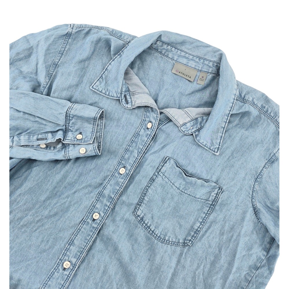 Athleta Women Size M Medium Denim Blue Tencel Button Down Shirt Split Back Top